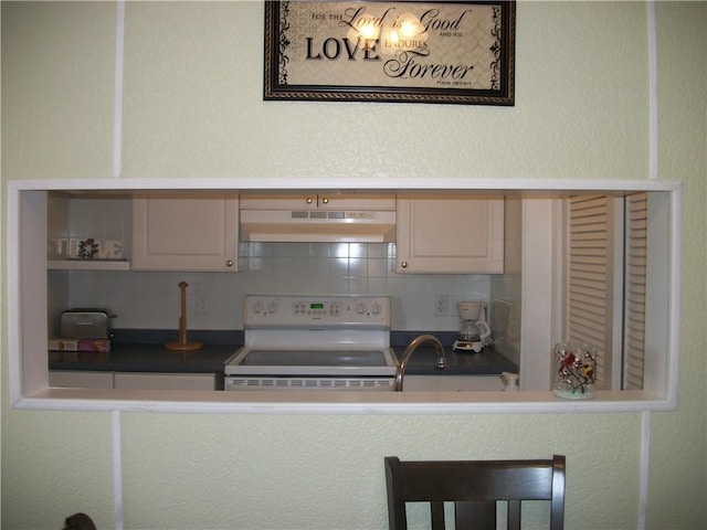 kitchen featuring tasteful backsplash, white electric stove, and under cabinet range hood