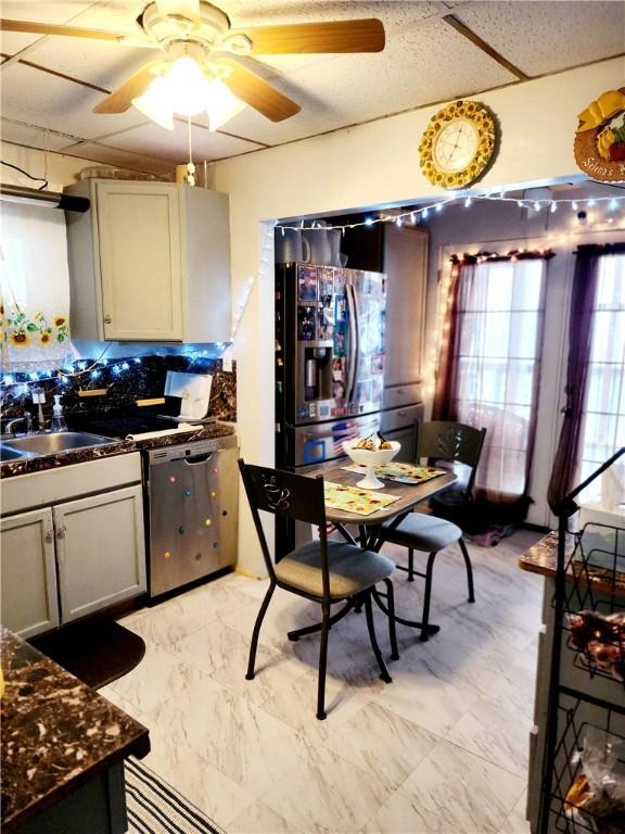 kitchen with stainless steel appliances, a sink, and ceiling fan