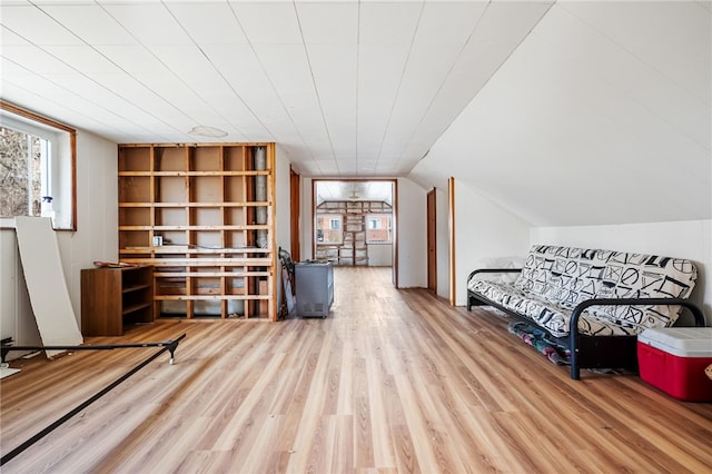 sitting room with light wood-style floors, vaulted ceiling, and plenty of natural light