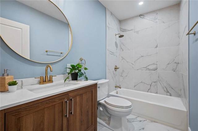 full bath with marble finish floor, recessed lighting, shower / bath combination, toilet, and vanity