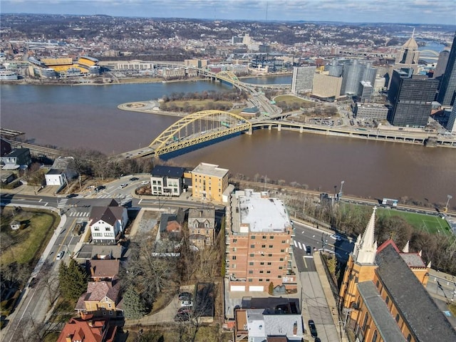 bird's eye view with a water view and a view of city