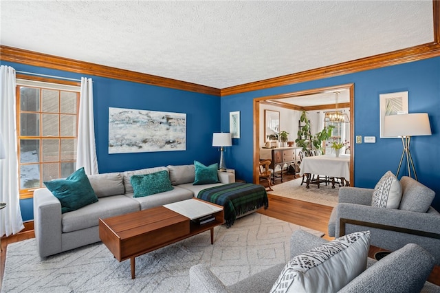 living room featuring a notable chandelier, a textured ceiling, ornamental molding, and wood finished floors