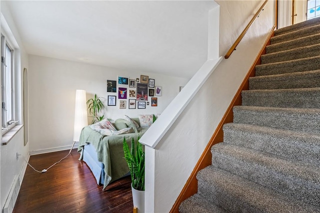 stairs featuring wood finished floors, a wealth of natural light, and baseboards