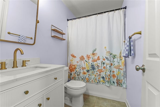 bathroom with toilet, tile patterned flooring, vanity, and shower / tub combo with curtain