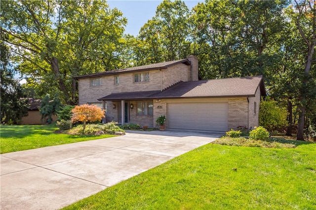 view of front facade featuring concrete driveway, a chimney, an attached garage, a front lawn, and brick siding