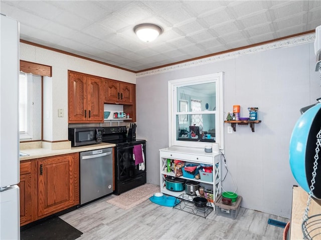 kitchen featuring open shelves, light countertops, black range with electric stovetop, light wood-style floors, and dishwasher