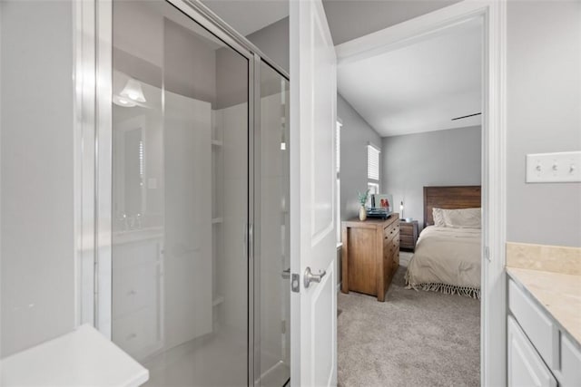 bathroom with a shower stall, vanity, and connected bathroom