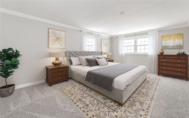 bedroom with multiple windows, ornamental molding, and light colored carpet