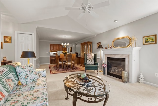 1143 Links Way W, Deer, PA 15044 - living room featuring lofted ceiling, light carpet, a chandelier, ceiling fan, and a premium fireplace