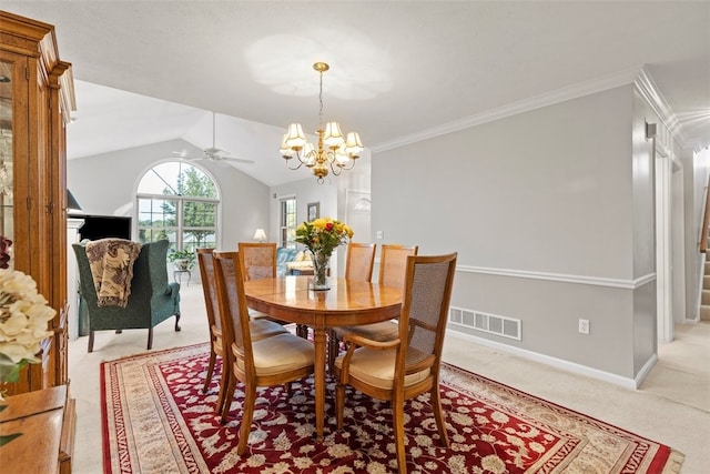 1143 Links Way W, Deer, PA 15044 - dining room featuring light carpet, ceiling fan, vaulted ceiling, a chandelier, and baseboards