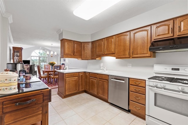 1143 Links Way W, Deer, PA 15044 - kitchen featuring white gas stove, dishwasher, under cabinet range hood, a chandelier, and brown cabinetry