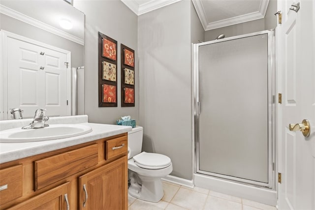 1143 Links Way W, Deer, PA 15044 - bathroom with tile patterned flooring, a shower stall, toilet, vanity, and crown molding