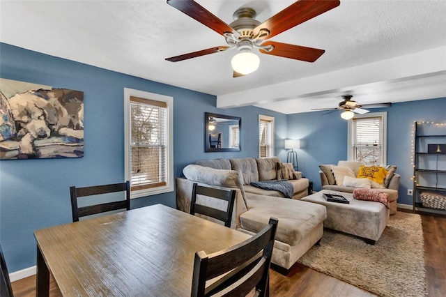 living room featuring a textured ceiling, baseboards, dark wood-style flooring, and a wealth of natural light