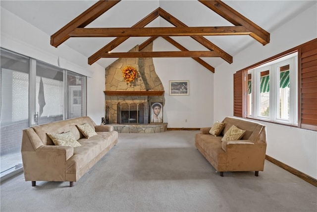 living area featuring light carpet, a fireplace, baseboards, and beam ceiling