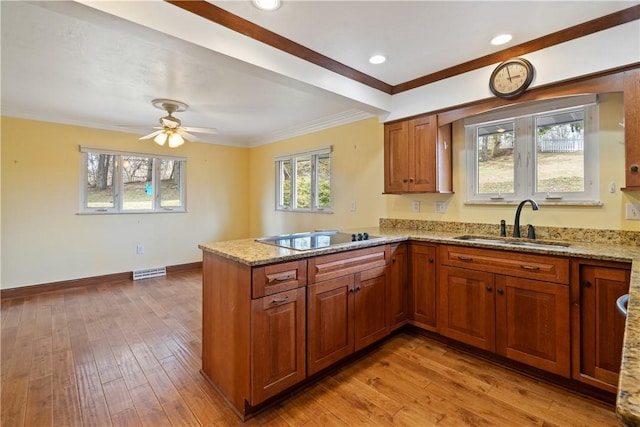 kitchen with brown cabinetry, a sink, a peninsula, and black electric cooktop