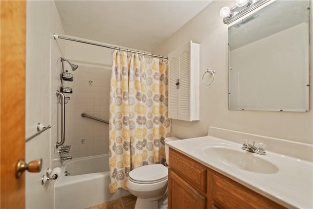 full bathroom featuring vanity, toilet, and shower / bathtub combination with curtain