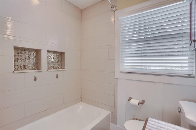 full bathroom with toilet and bathtub / shower combination