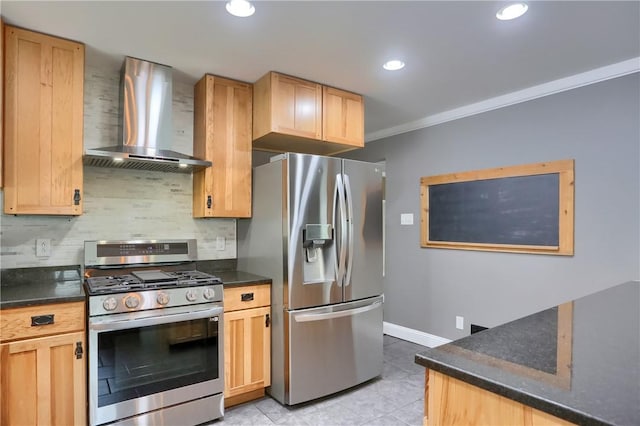 kitchen with recessed lighting, ornamental molding, appliances with stainless steel finishes, wall chimney range hood, and tasteful backsplash