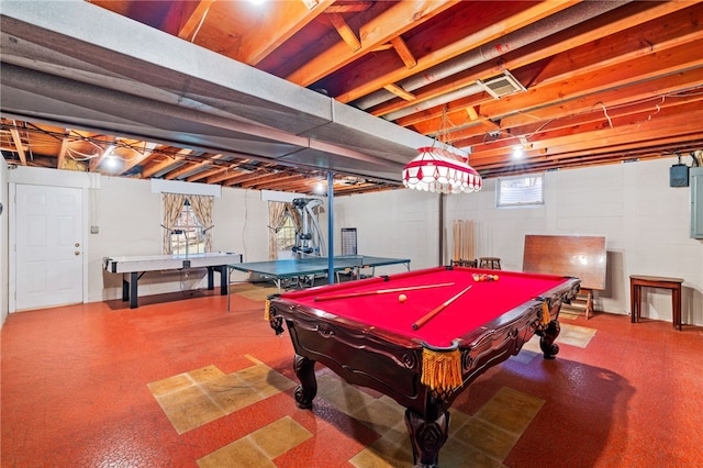 game room featuring electric panel and pool table