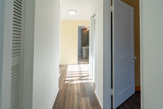 hall featuring dark wood-style floors and ornamental molding