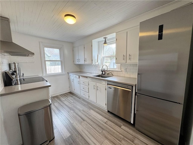 kitchen featuring tasteful backsplash, wall chimney exhaust hood, appliances with stainless steel finishes, white cabinetry, and a sink