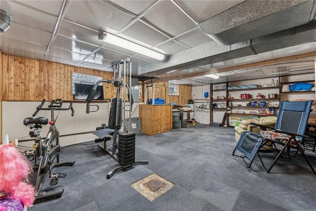 exercise area featuring wooden walls