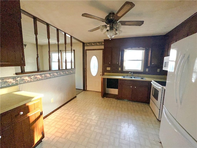 kitchen featuring white appliances, wainscoting, light countertops, dark brown cabinets, and a sink