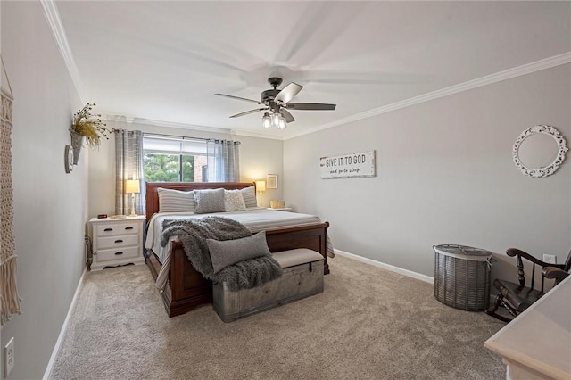 bedroom featuring light carpet, baseboards, ornamental molding, and ceiling fan