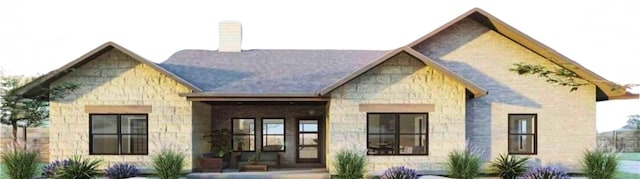 back of property featuring stone siding, a chimney, and a porch