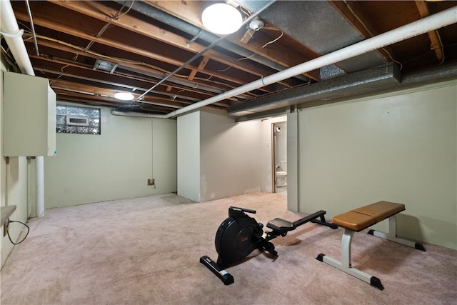 workout room featuring light carpet