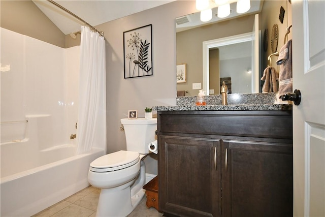 full bath with shower / tub combo, visible vents, toilet, tile patterned flooring, and vanity