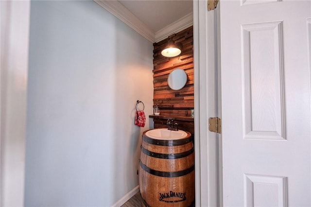 interior space featuring crown molding, wooden walls, and a sink