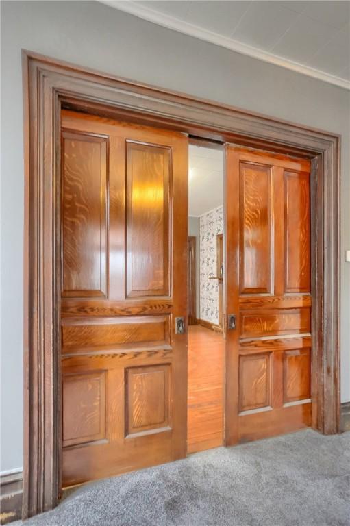 room details with carpet floors and ornamental molding