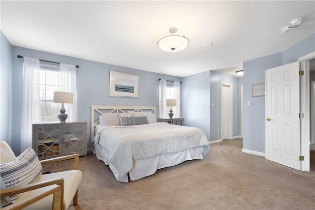 bedroom with a closet, baseboards, multiple windows, and carpet flooring