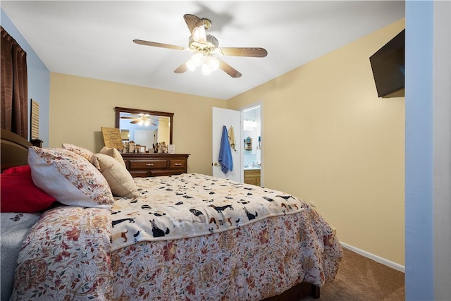 bedroom featuring ceiling fan, carpet floors, and baseboards