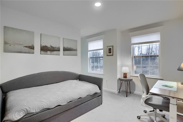 bedroom featuring recessed lighting, carpet flooring, and baseboards