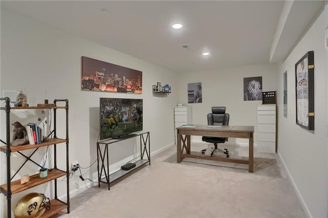 office with visible vents, baseboards, carpet flooring, and recessed lighting