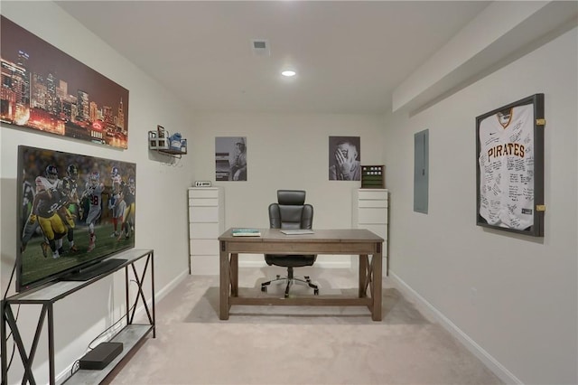 carpeted home office featuring visible vents, electric panel, baseboards, and recessed lighting