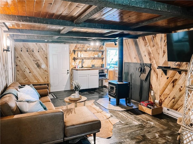 1958 Church Hill Rd, North-Other Area, PA 16351 - basement with a wood stove, wood walls, wood ceiling, and a sink
