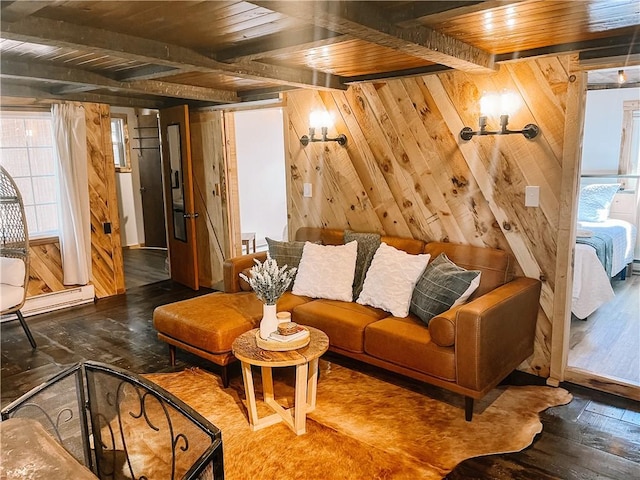 1958 Church Hill Rd, North-Other Area, PA 16351 - living room with beamed ceiling, wood walls, dark wood finished floors, and wood ceiling