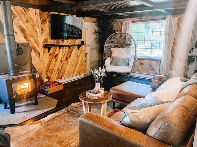 1958 Church Hill Rd, North-Other Area, PA 16351 - interior space with beamed ceiling, baseboard heating, a wood stove, and wooden walls