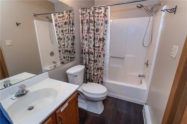 bathroom with shower / bath combo, toilet, a baseboard radiator, wood finished floors, and vanity