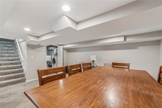 dining area with carpet, recessed lighting, washer / clothes dryer, stairway, and baseboards