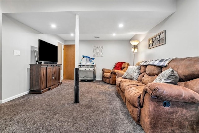 living area featuring dark colored carpet, recessed lighting, visible vents, and baseboards