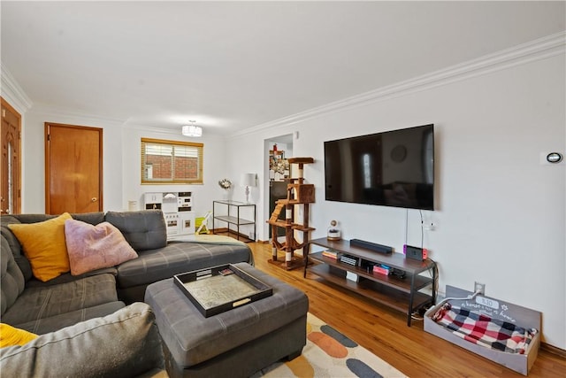 living area featuring crown molding and wood finished floors