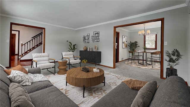 carpeted living room with a chandelier, stairway, crown molding, and baseboards