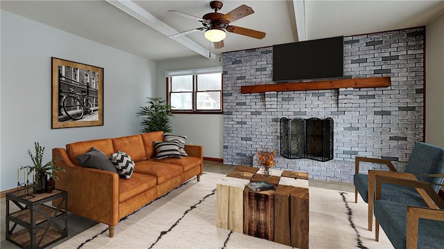 carpeted living room with a brick fireplace, ceiling fan, and beam ceiling