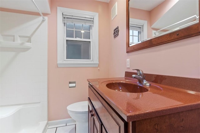 bathroom with a shower, visible vents, toilet, baseboards, and tile patterned floors