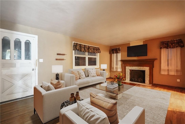 living area featuring a fireplace and wood finished floors