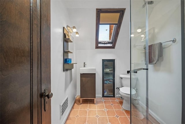 full bathroom with a skylight, visible vents, toilet, a shower with shower door, and vanity